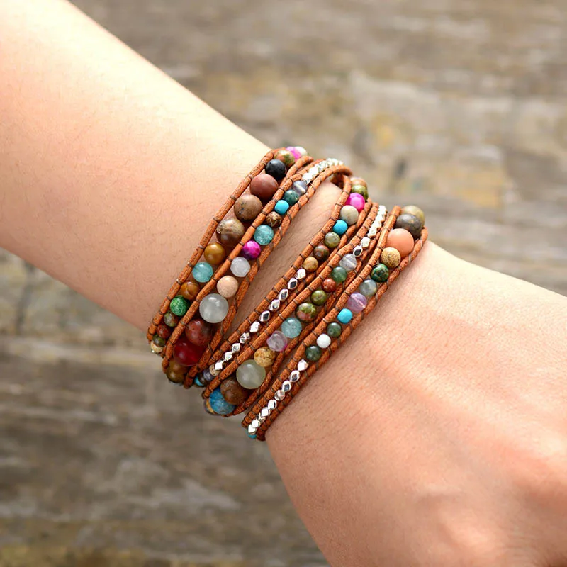 Leather Wrap Bracelets Dropshipping Women Graduated Natural Stones Silver Color Beads Multilayers Bracelets Wholesale - Image 3