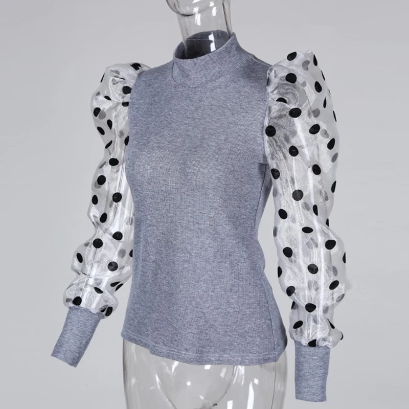 Женская рубашка в горошек с сетчатыми рукавами, вязаные топы, тонкая рубашка с длинным рукавом, блузка, весна-осень, офисная блуза с пышными рукавами