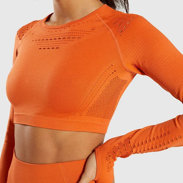 Zroadlop, 2 шт., спортивные костюмы, набор, женские комплекты для йоги, для спортзала, фитнеса, спортивные штаны, спортивная одежда, леггинсы, рубашка, бесшовные, спортивные, с отверстиями - Цвет: Orange Top