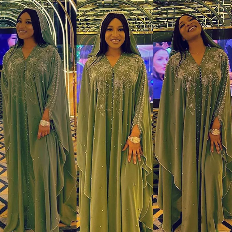 

Gorgeous Rhinestons Women Long Dress with Linning Hot Drilling Chiffon V Neck Half Sleeves Irregular Muslim Robes + Scarf