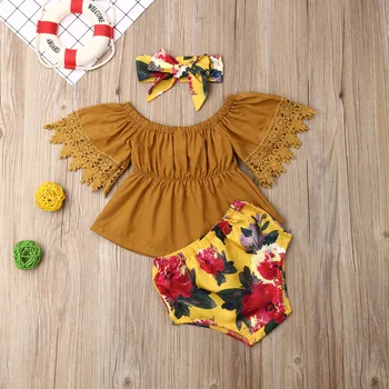 

Pudcoco Toddler Baby Girl Clothes Solid Color Off Shoulder Short Sleeve Lace Flower Ruffle Tops Flower Short Pants Headband 3Pcs