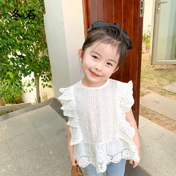 

2020 Summer Girls Blouse Fashion Loose Hollow Shirt Children's Short Sleeve Lace Shirt Girls Clothes AA4635