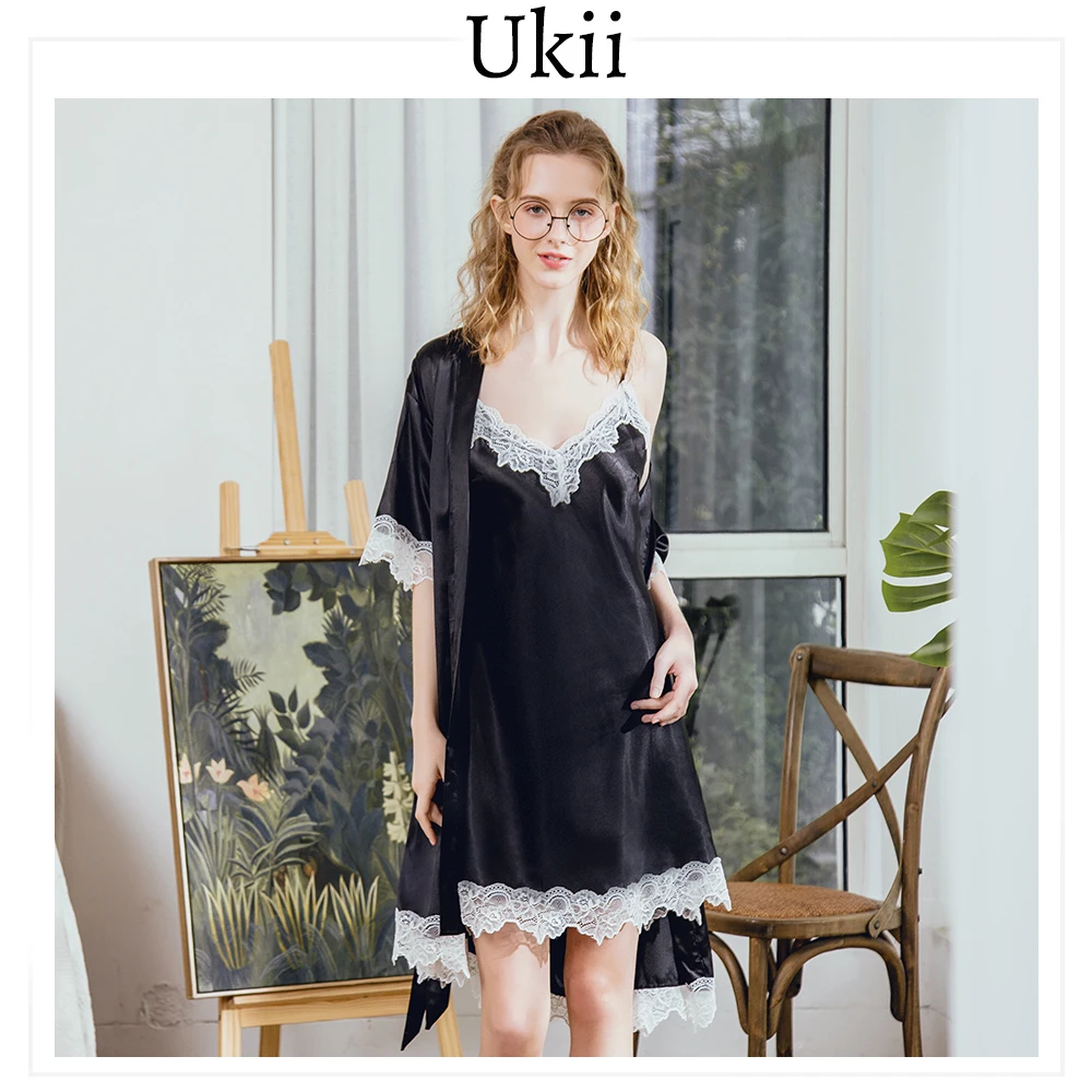 

Ukii Pajama Silk Set Sleepwear Robe Shorts For Women Sexy Nightgown Robe Set Satin Print Women Pajama Dress Summer Sexy 2PCS