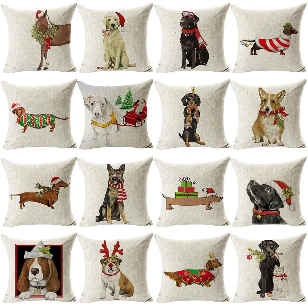 Xmax Dog Linen Cushion Cover Throw Pillow Case Sofa Bed Home Decor Christmas 