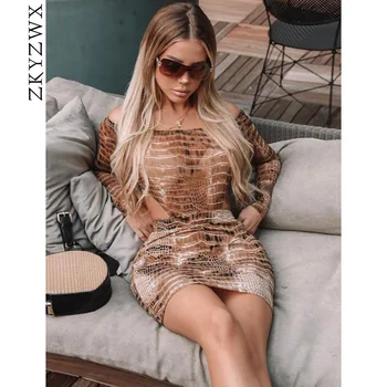 

ZKYZWX Snake Print Sexy 2 Piece Set Women Rave Fall Clothes Long Sleeve Bodysuit Top Mini Skirt Two Piece Matching Club Outfits