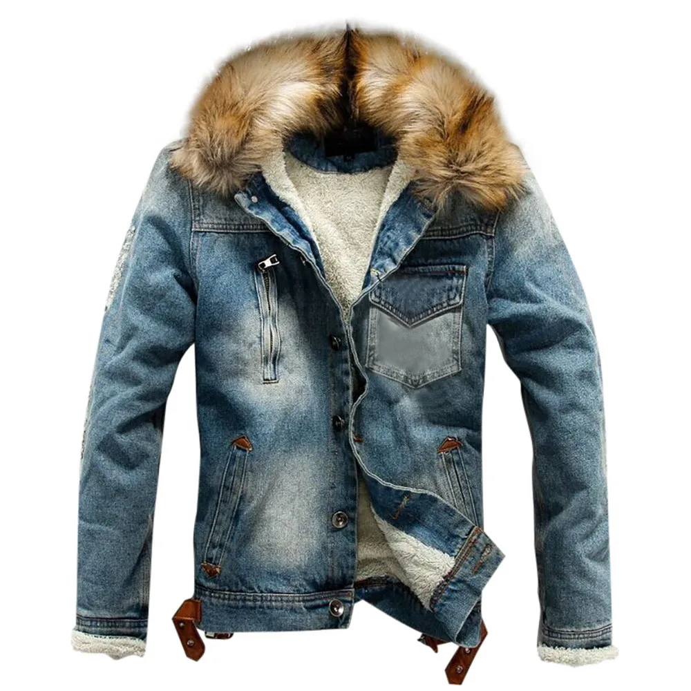 

Men's Autumn Winter Coat Pocket Button Rinsing Flick Denim Hooded Jacket Top Coat Overcoat Outwear chaqueta hombre