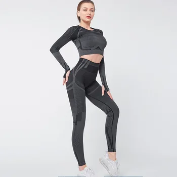 

NORMOV New Seamless Knit Two-Piece Set Women Long Sleeve O-Neck Elastic Fitness Suit Slim High Waist Workout Leggings Set Female