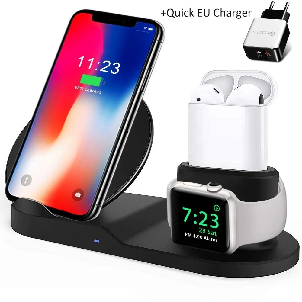 With EU Adapter Qi Беспроводное зарядное устройство Быстрая зарядка для iPhone 8 X XS Max XR Apple Watch 4 3 2 Airpods 10W быстрое зарядное устройство для Samsung S9 S8 S7 - Тип штекера: With EU Adapter