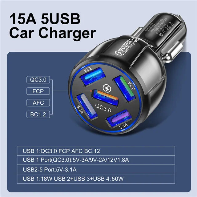 USLION 5 Port Fast Charging Car USB Charger For Xiaomi redmi note 10 pro Quick Charge 3.0 15A Charger Mobile Phone Charge in Car 3