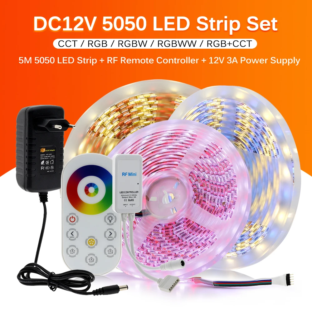 US $16.79 LED Strip Light 5050 RGB RGBW RGBCCT Flexible Ribbon Fita Led Light Strip 60LEDsM 5M Touch RF Remote DC12V Adapter Plug