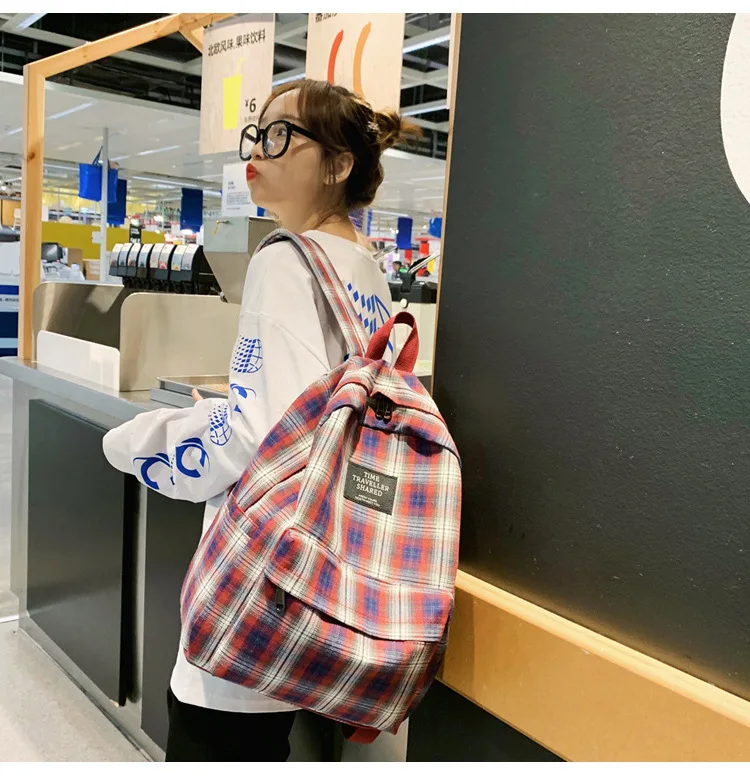 Fashion Plaid Canvas Women's Backpack Student Backpacks Teenage Girl School Bags Large Capacity Waterproof Travel Rucksack