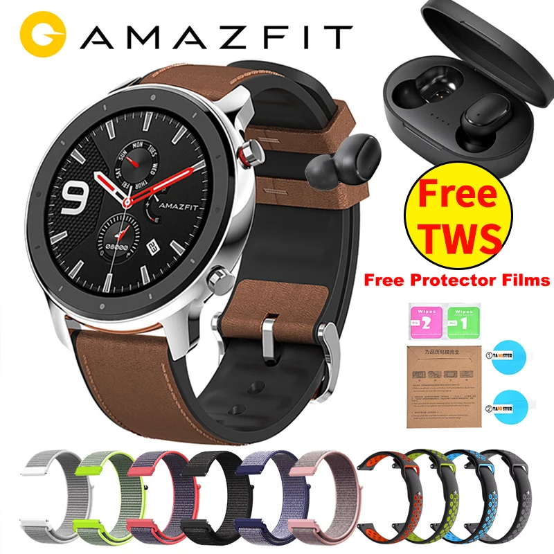 Бесплатные TWS глобальная версия AMAZFIT GTR Смарт-часы 47 мм 5 АТМ водонепроницаемые Смарт-часы Bluetooth 5,0 монитор сердечного ритма 12 спортивных режимов