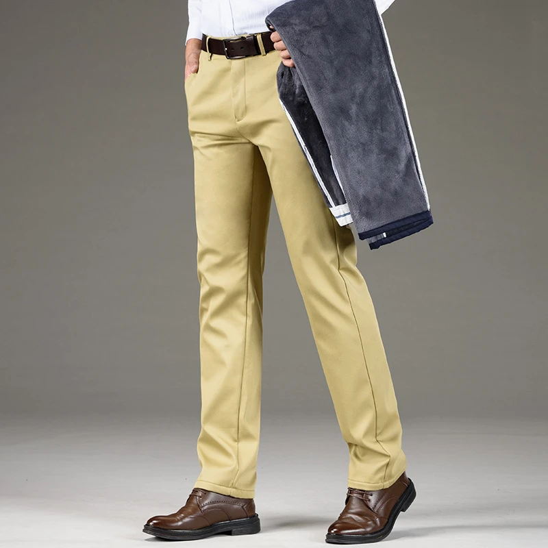 Winter Men's Fleece Trousers Plus Velvet Straight Cylinder Pants for Male Thickened Casual Cotton Warm Trousers,DK8018