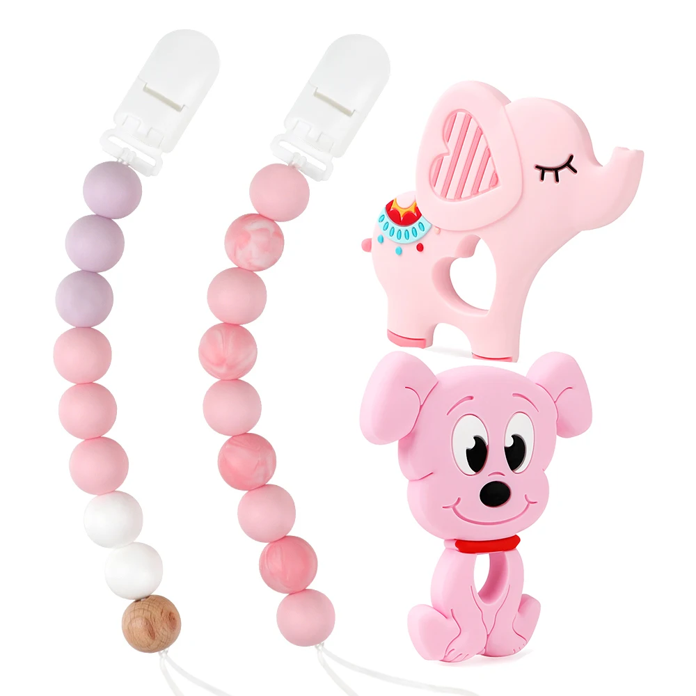 

TYRY 4pcs/set Baby Teethers Silicone Beads Teething Toys 2 Pacifier Chain +2 Teether Animal Fast shipping With Track