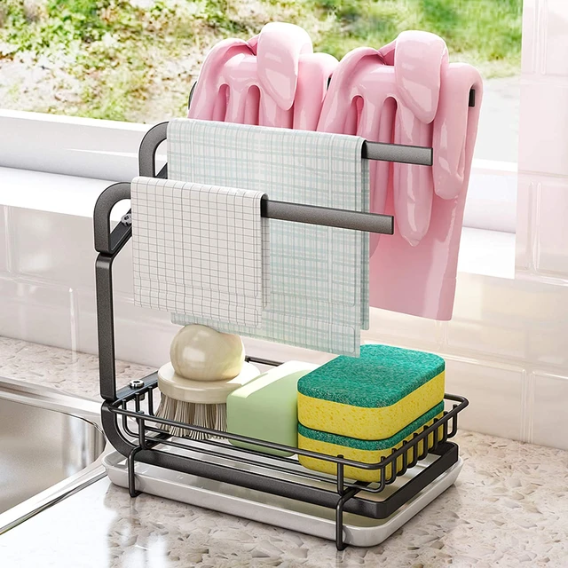 1pc Sink Caddy With Drain Spout, Kitchen Sink Organizer Sponge Holder,  Stainless Steel, Sink Brush Holder With Removable Drain Tray For Sponge,  Dish B