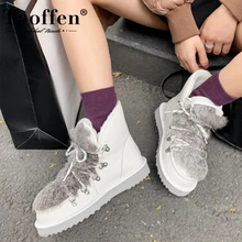 Taoffen Women Snow Boots Real Leather Plush Fur Warm Flats Winter Shoes Woman Cross Strap Ankle Boot Lady Footwear Size 34-43