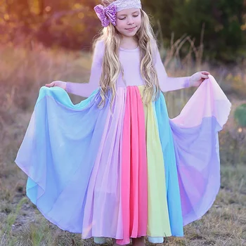 

2020 Fashion Baby Girl Rainbow Dress Cotton Spring Summer Long Girl Vestido Party Birthday Dress Patchwork Mesh Clothes 1-8 year