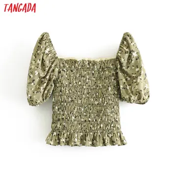 

Tangada women retro green floral print crop blouse short sleeve 2020 summer chic female sexy slim shirt tops 3H411