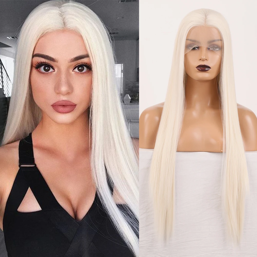 Long Hair Synthetic Lace Wig Platinum Blonde Lace Wigs For Women Silky
