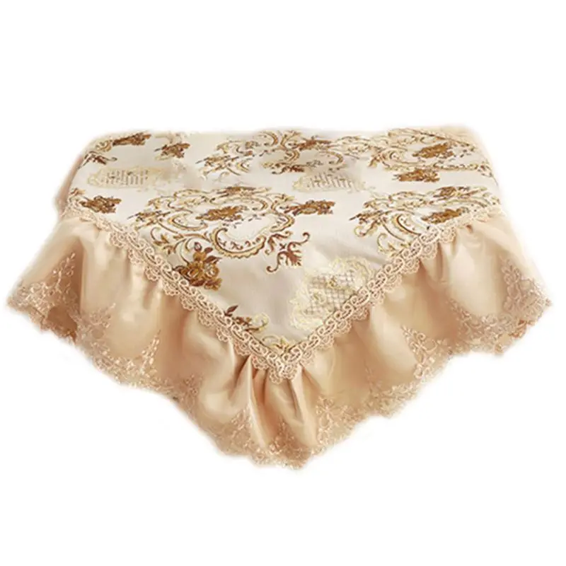 

European Style Square Tablecloth Luxury Emboss Floral Lace Embroidery Ruffles Trim Table Runner for Bedside Desk Home Decoration