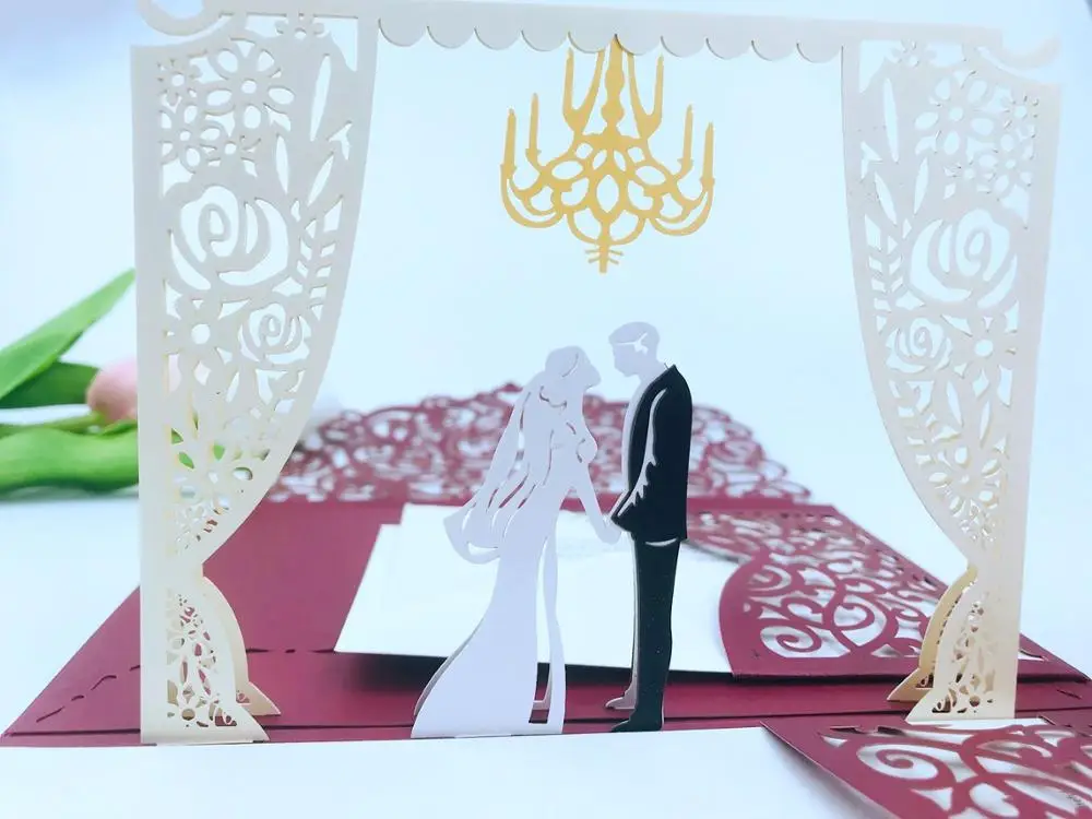  Free Shipping 1x 3D POP UP Card Burgundy tri 3 Fold Pocket Wedding Invitation Card Laser cut Invite - 4.00042E+12