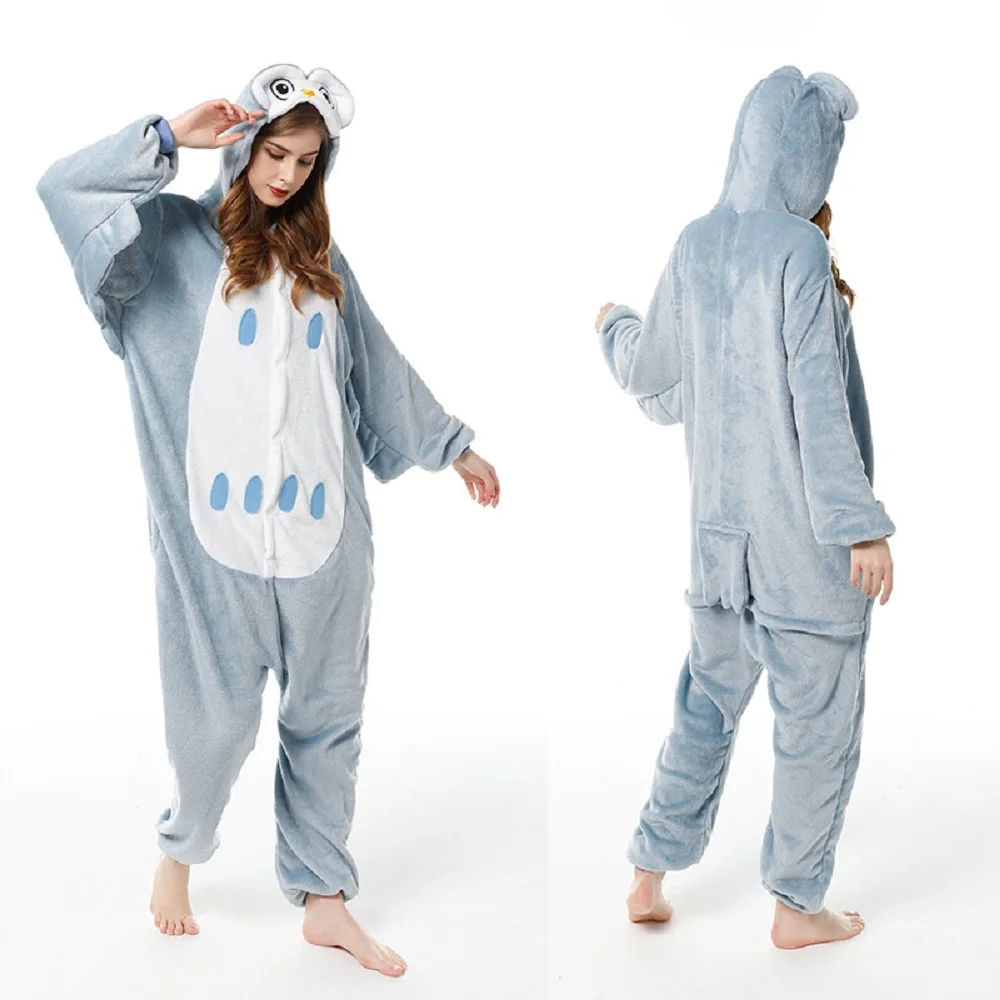 

Flannel Hooded Winter Unisex Cartoon One-Piece Sleepwear Owl Animal Onesies Pajamas Homewear Couple Christmas Cosplay Costume