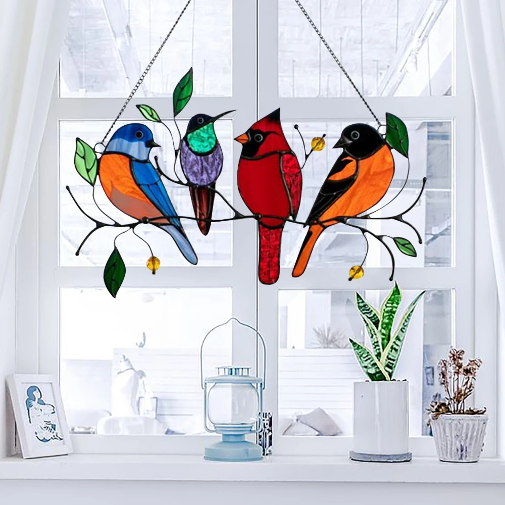 Multicolor Birds on a Wire High Stained Glass Acrylic Window Panel Bird Series Ornaments Pendant Home Decoration B 