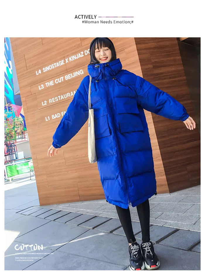 Harajuku модные повседневные свободные зимние куртки с карманами, женские длинные стеганые пальто со стоячим воротником, Женская однотонная парка, топ, большие размеры, f2194
