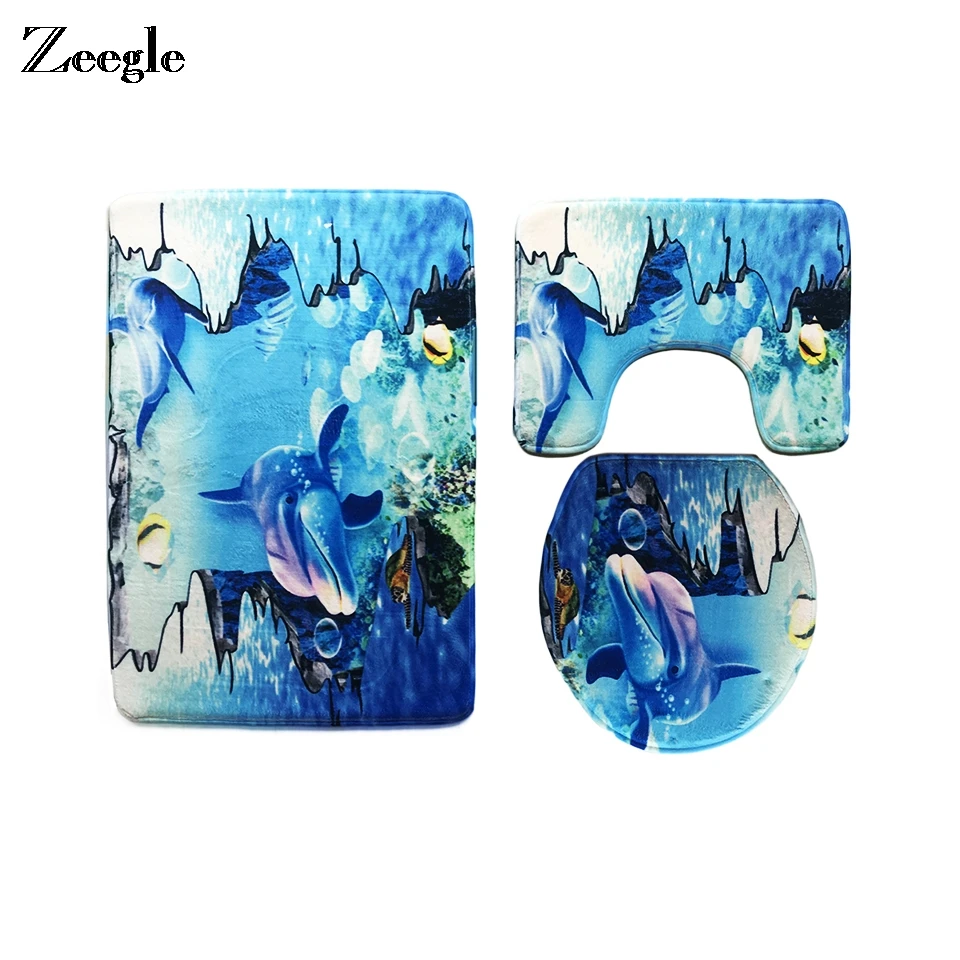 Zeegle Sea World 3Pcs Non-slip Bathroom Bath Mat Set Washable Toilet Rugs Set Lid Toilet Seat Cover Bathroom Matrresses 3pieces