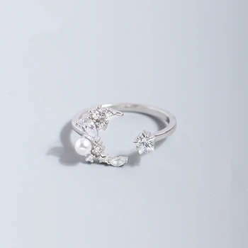 

Cubic Zirconia Star Moon Shape 925 Sterling Silver Adjustable Open Finger Rings for Women CZ Gifts Pearl Jewelry