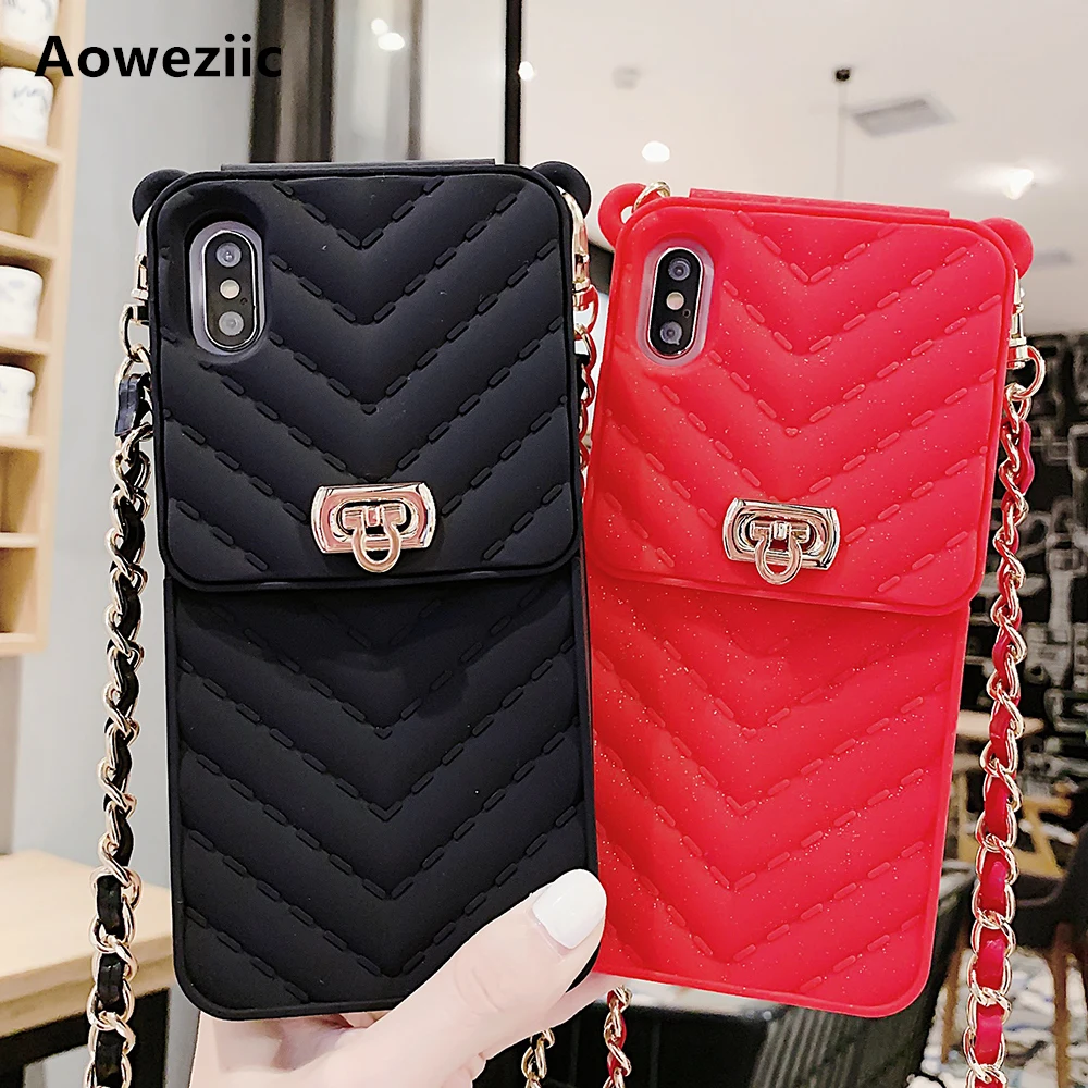 

Aoweziic For iPhone X XR XS Max Phone Case Credit Card Wallet Soft Silicon Crossbody Strap Long Chain Case for iPhone 6s 8 7plus