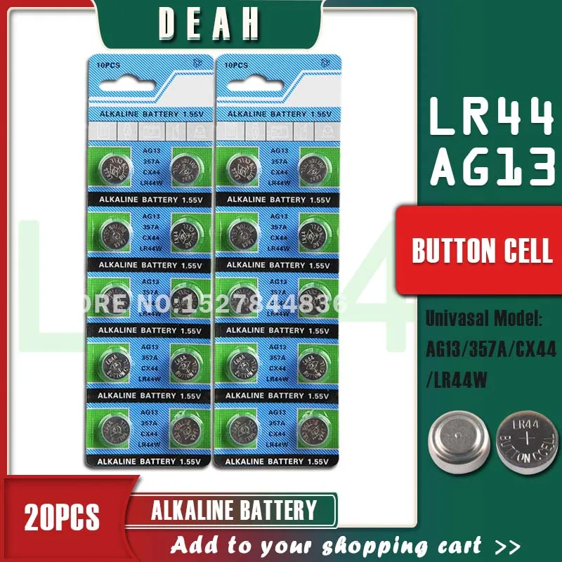 20 piezas DEAH 1,55 V AG13 LR44 pilas alcalinas batería AG 13 LR44W LR1154 SR44 A76 357A 303 de 357 baterías de botón para relojes de juguete
