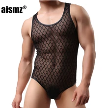 Aismz Body Shaper Man Slim Grid Breathable Sexy Transparent Body Shaper Men sleepwear bodysuit Talladora Hombre
