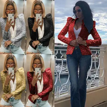 

Winter Fashion Women Lady Female's Coat Silver Slim OL Suit Formal Casual Jacket Coat Tops Outwear Long Sleeve 2019