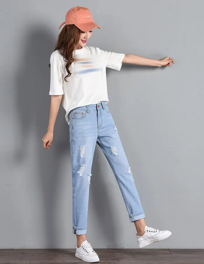 Ripped Hole Jeans For Women Female Autumn Winter Nine Pants New High Waist Slim Casual Ankle Length Zipper Fly Pencil Trousers