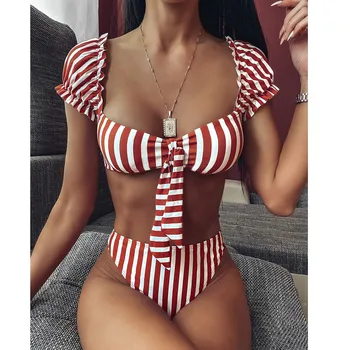 

Red Hot Biquinis 2020 Chest Knotted Swimwear Solid Bikini Set High Waist Bathing Suit Push Up Swimsuit For Women Swimwear