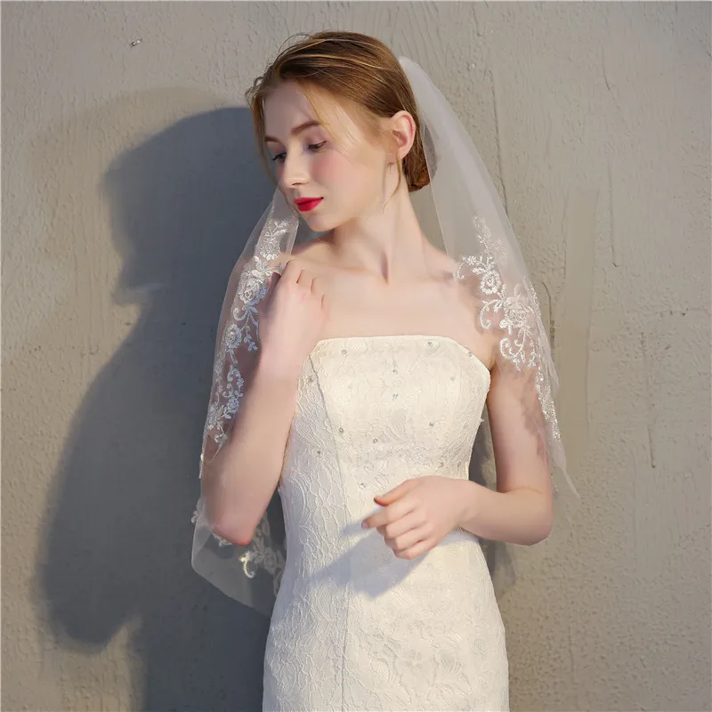 White Ivory Veil Wedding 2 Layer Bridal Veil With Comb Short Lace Edge Wedding Vail Of The Bride Veil Velo De Novia Corto