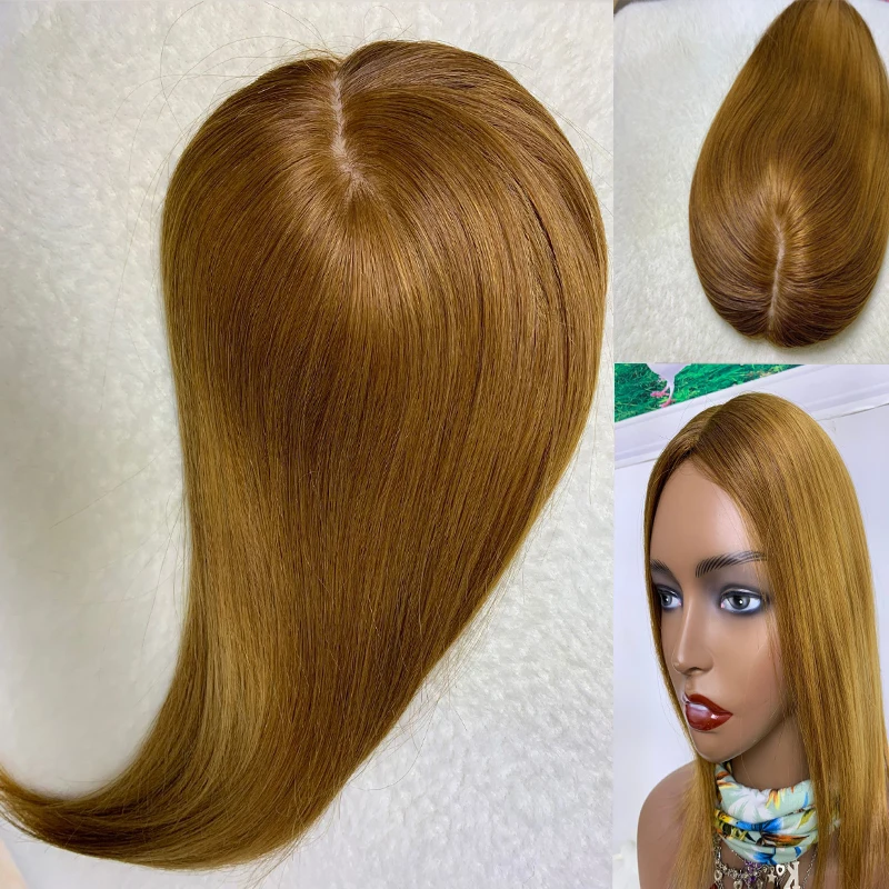 Peluquín de pelo humano brasileño Remy para mujer, peluquín de Color rubio de 35cm, Clip en piezas de cabello, Topper con Base de seda de repuesto