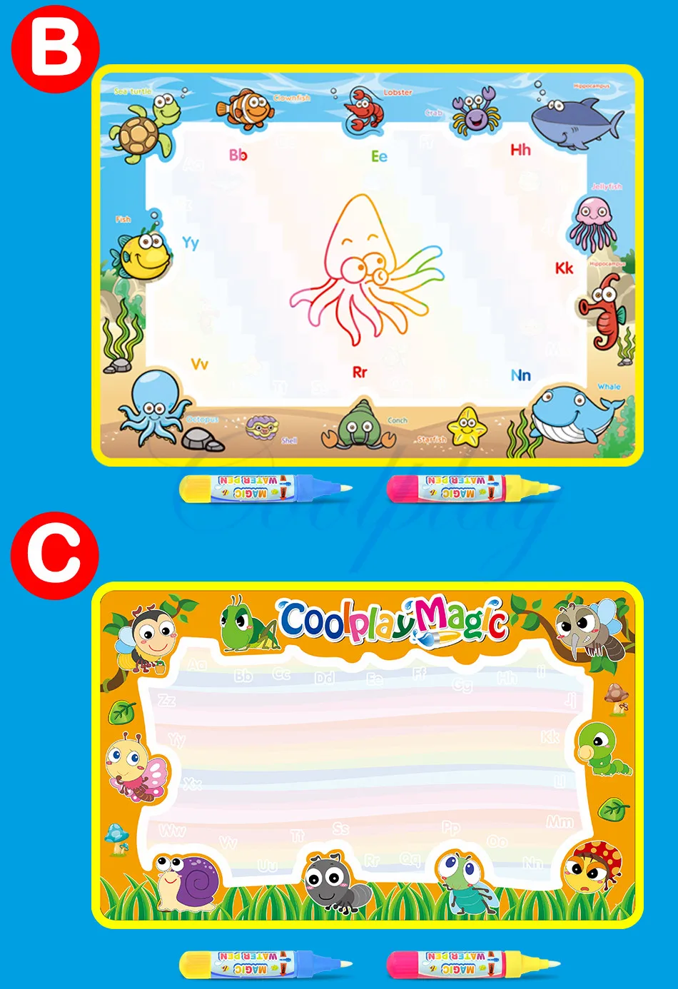 Coolplay 59x36 см Радужный коврик для рисования водой и 2 ручки водный коврик для рисования книги-раскраски коврик для рисования водой Рождественский подарок для детей