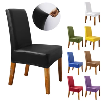 

Leather PU Stretchy Chair Cover 1/2/4/6/8/10 Pcs Waterproof Solid Elastic Home Party Decor Room Seat Protector Slipcover D40