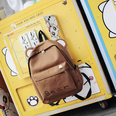 

New Style Cute Cat Ear Canvas Lettered Backpack Women's Simple Campus Versatile Junior High School Schoolbag