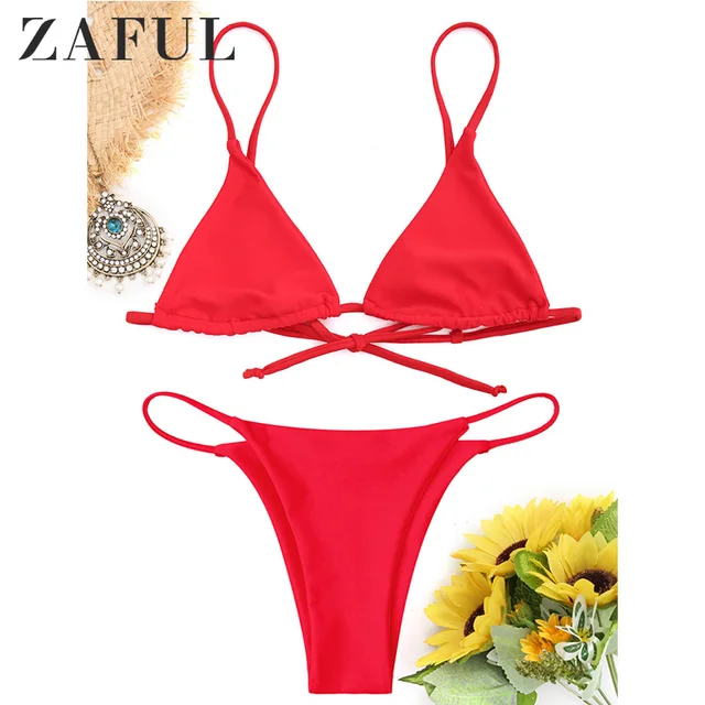 US $11.98 ZAFUL Cami Bralette Thong String Bikini Set Low Waisted Spaghetti Straps Swimming Suit For Women Pu