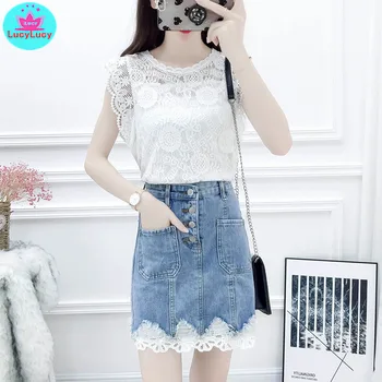 

2019 net red super fire small fresh college wind suit solid color chiffon shirt + denim stitching lace skirt 2 sets