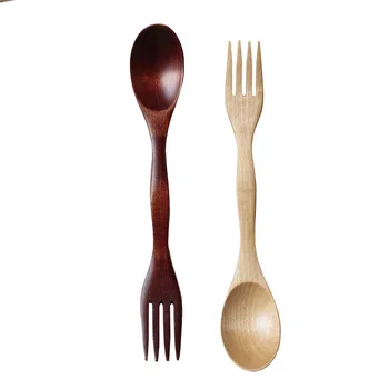 

100pcs 2 in 1 Natural Wood Cutlery Dual Head Soup Spoon Fork Dinner Tableware Kitchen Accessories WB1902