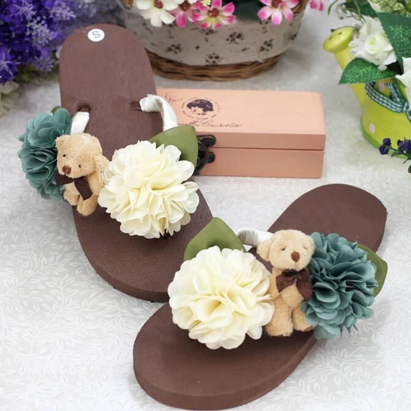 

Which in New Style Bear Coffee Series Handmade Flower Flip-flops Summer Slippers Anti-slip Flat DIY Leisure Slippers