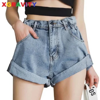 

Summer High Waist Denim Shorts Women Casual Loose Ladies Fashion Roll Up Hem Elastic Waist Pocket Blue White Jeans Female A036