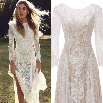 

Bohemian Wedding Dress Long Sleeves Backless Champagne Lace Outdoor Bride Wedding Gown A-Line