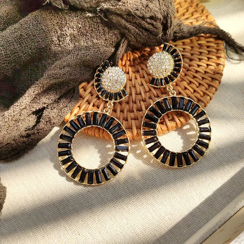 Flatfoosie New Simulated Pearl Drop Earrings For Women Geometric Round Shiny Colorful Crystal Statement Earrings Fashion Jewelry