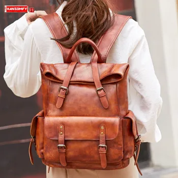 

2020 Women's Backpack Genuine Leather Travel Bag Cowhide Female Fashion Laptop Schoolbag Retro Outdoor Backpacks Vintage Large