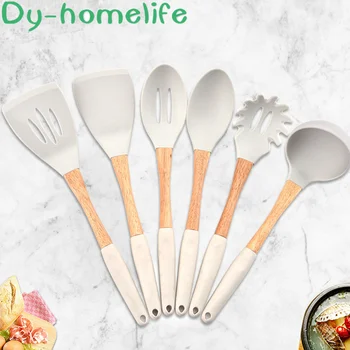 

Wooden Handle Silicone Cookware Set Nonstick Pan Applicable 6 Sets of High Temperature Resistant Household Kitchen Appliances